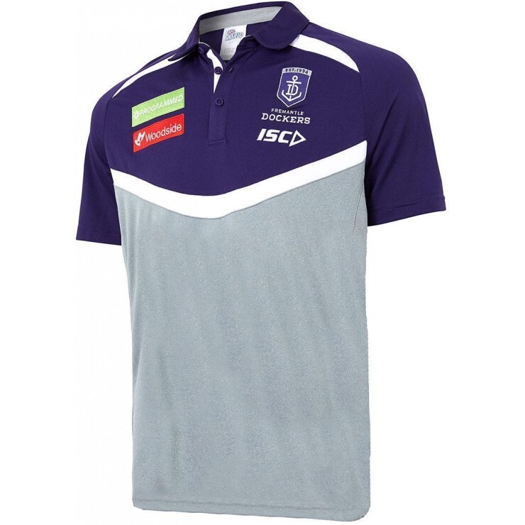 Fremantle Dockers Performance Polo Shirt 2XL & 3XL MidGrey/Purple AFL ISC 19 